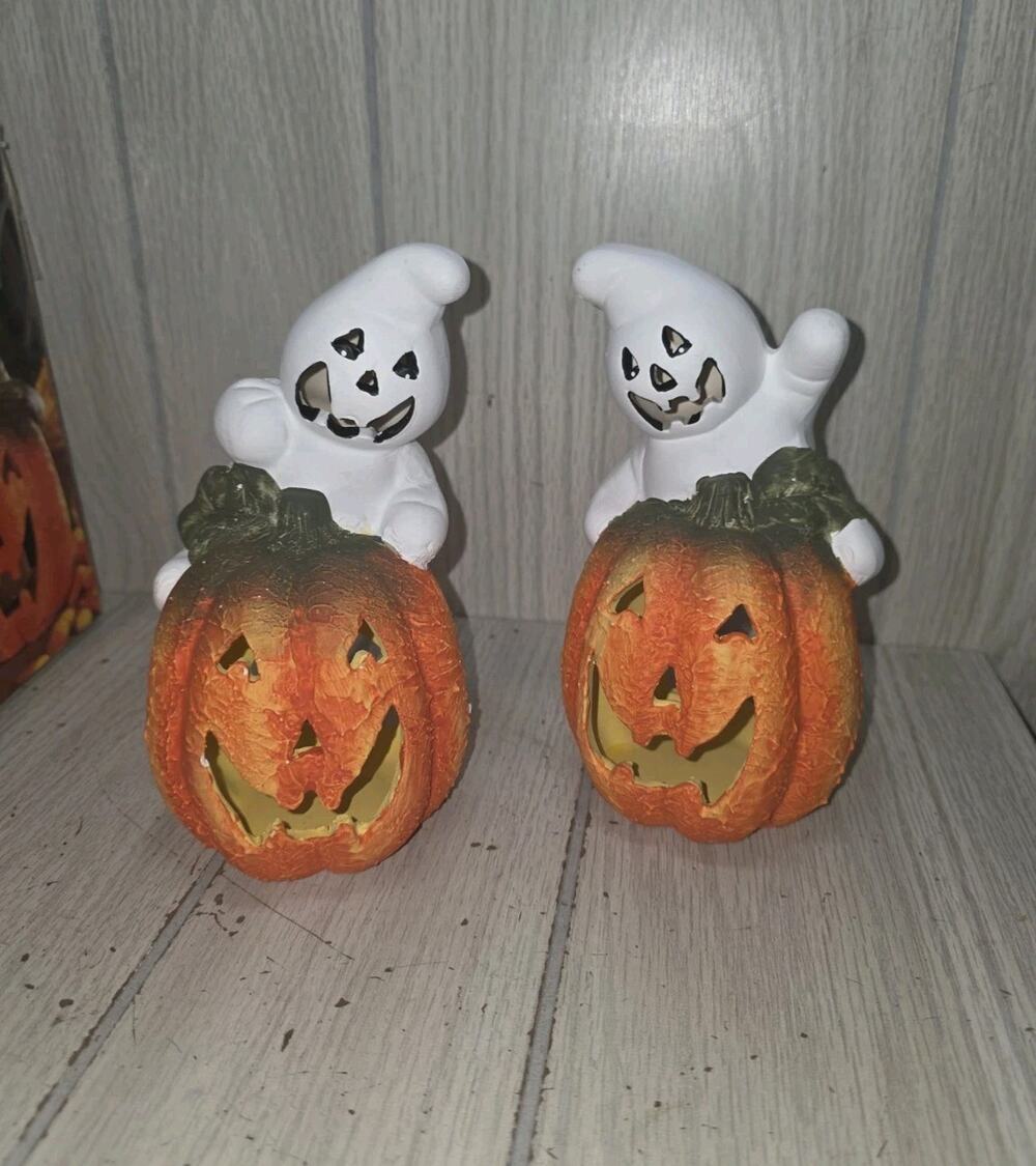 Alco Set of 2 Hand Painted Ceramic GHOST JACK O LANTERN Candle Holders NIB